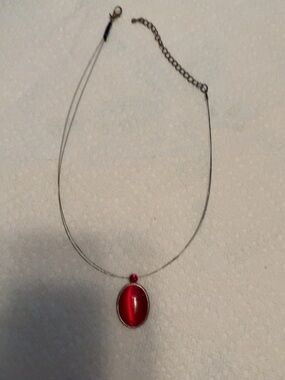 Red Oval Pendant Necklace Silver Tone Y2K